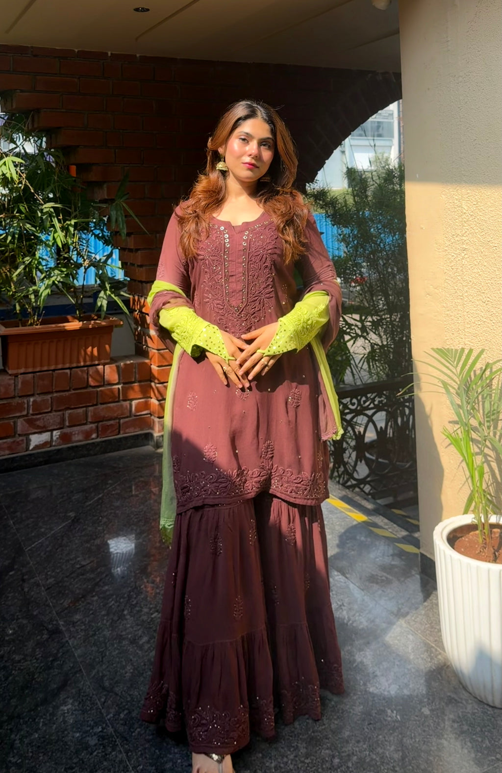 Kunafa Chocolate Inspired Kamdani Layered Garara set