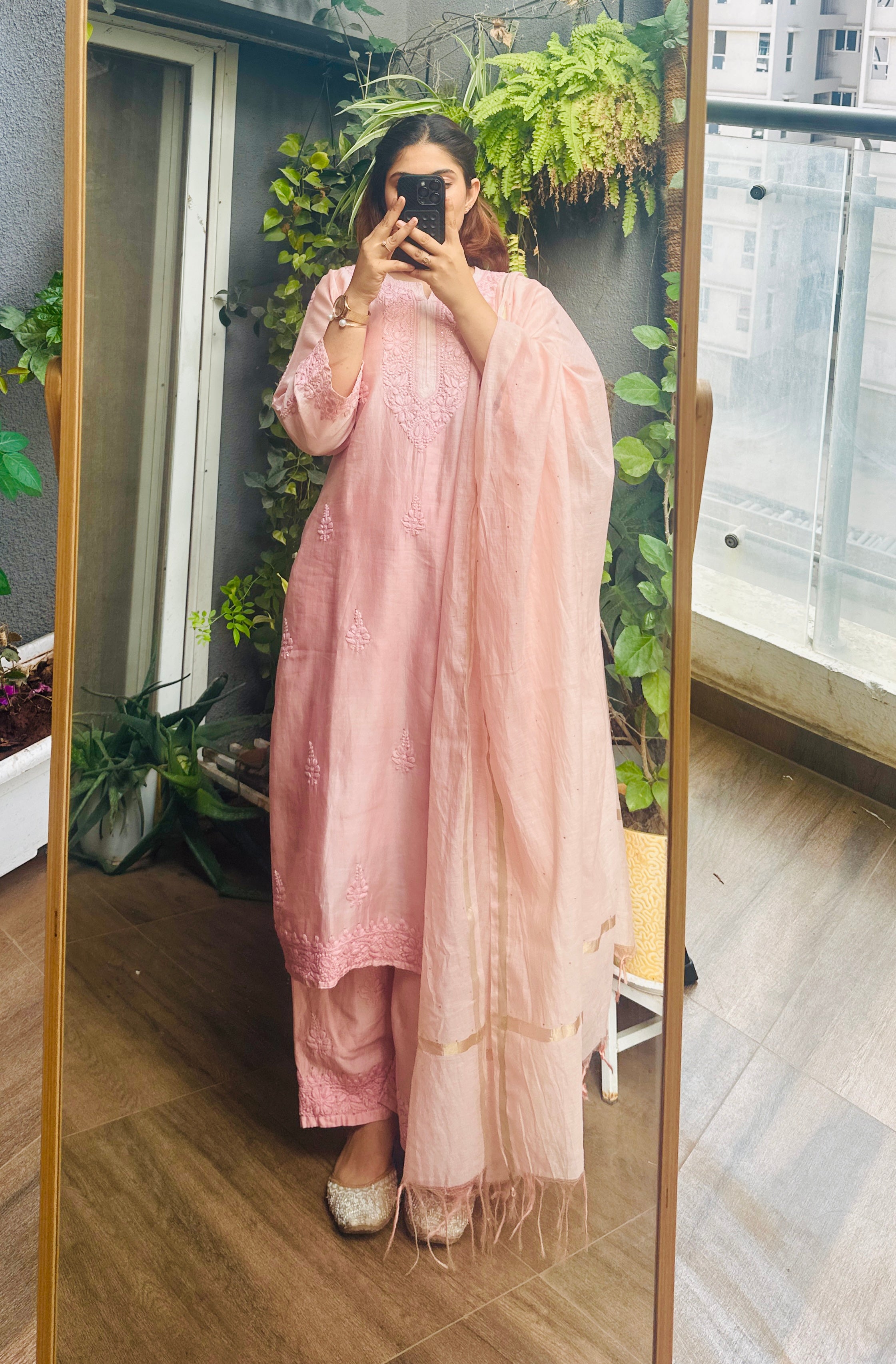 Salmon Pink Handcrafted Chikankari Chanderi Silk Suit Set