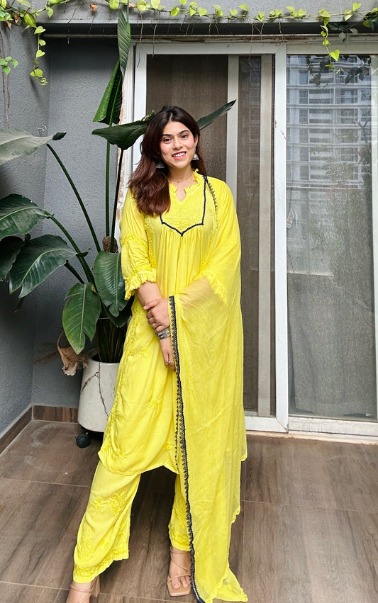 Lemon Zesty Handcrafted Chikankari Premium Muslin 3 Piece Suit Set