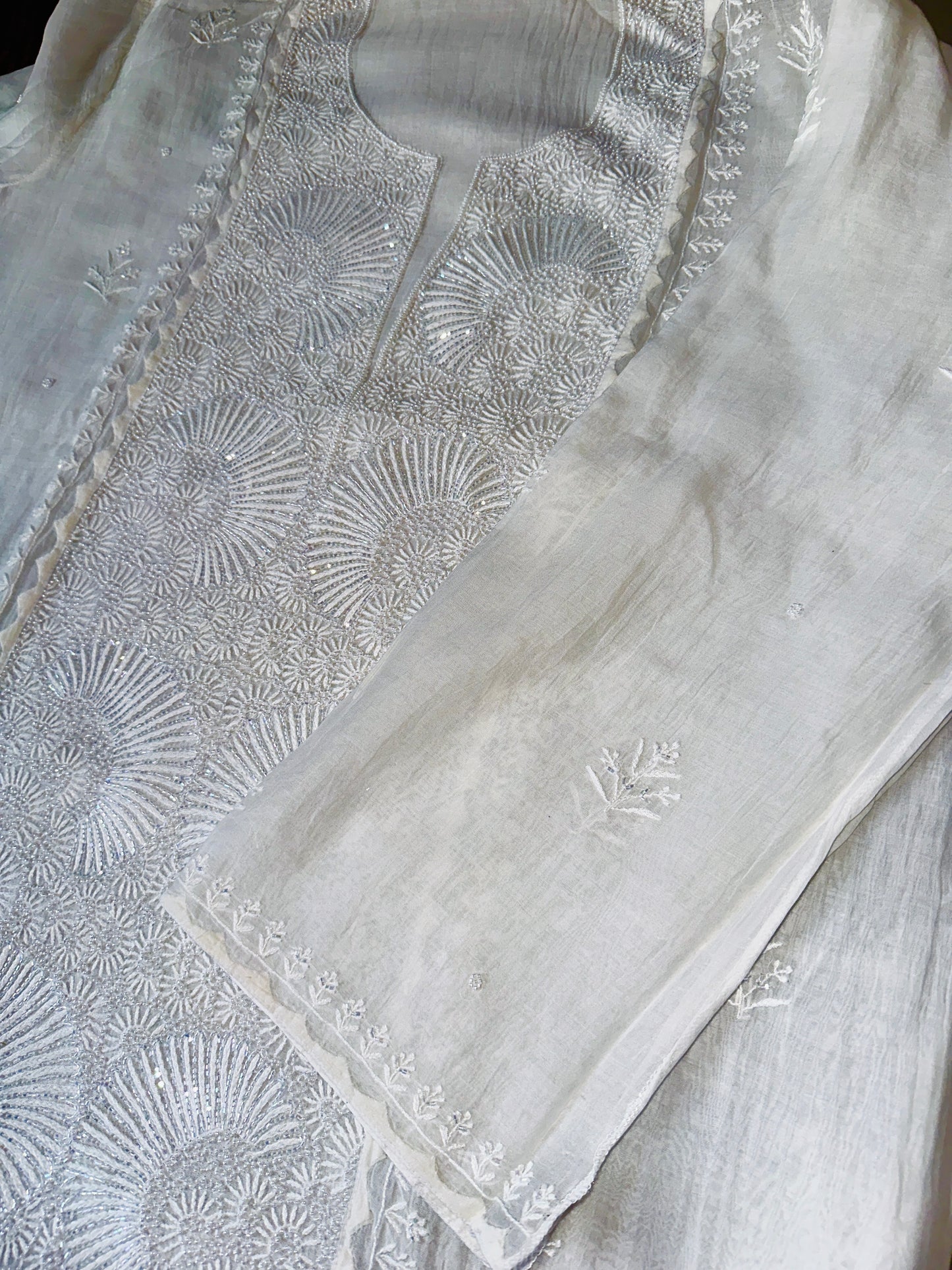 Seashell Mul Chanderi Chikankari Unstitched Suit Set