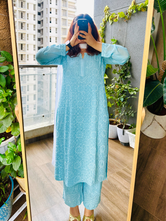 Pearl & Cutdana Chikankari Suit Set Sky blue