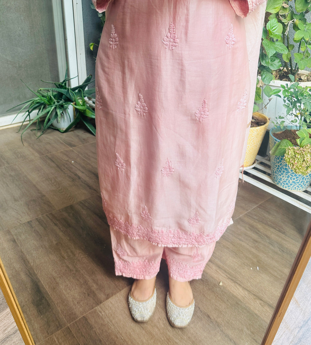 Salmon Pink Handcrafted Chikankari Chanderi Silk Suit Set