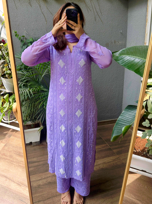 Handcrafted Chikankari Pearl & Cutdana Full Suit Set- Design 1