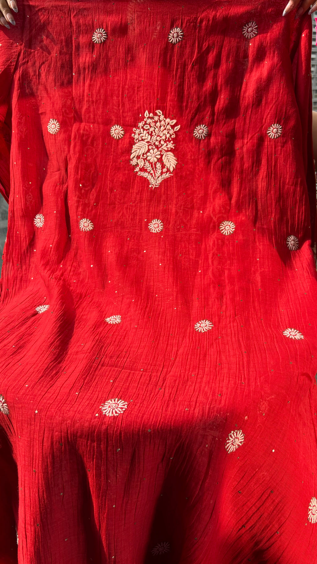 Red Premium Mul Chanderi Semi Stitched 3 piece suit set