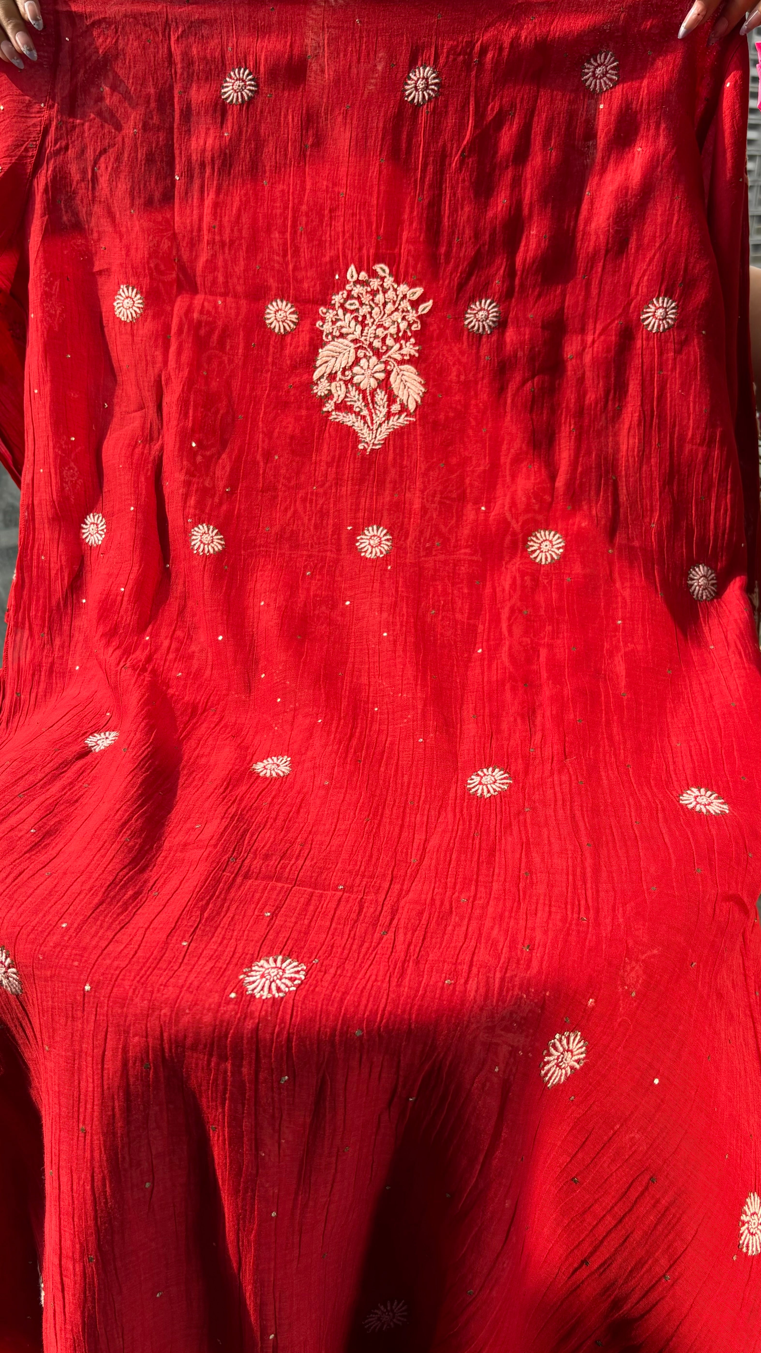 Red Premium Mul Chanderi Semi Stitched 3 piece suit set