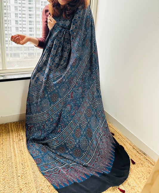 Hand Blocked Sustainable Ajrak Blue Saree with Tassels