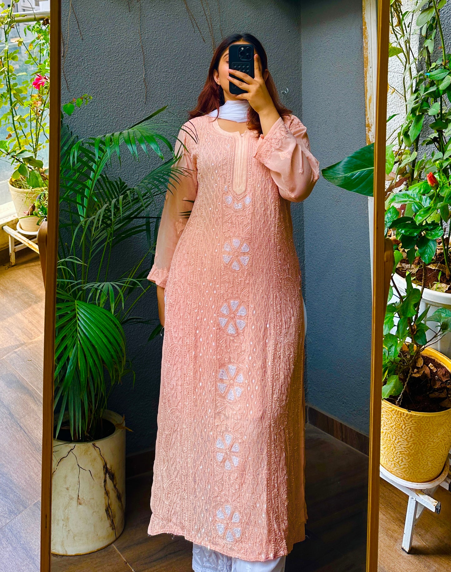 Viral Pearl Cutdana Chikankari Kurti - Light Peach