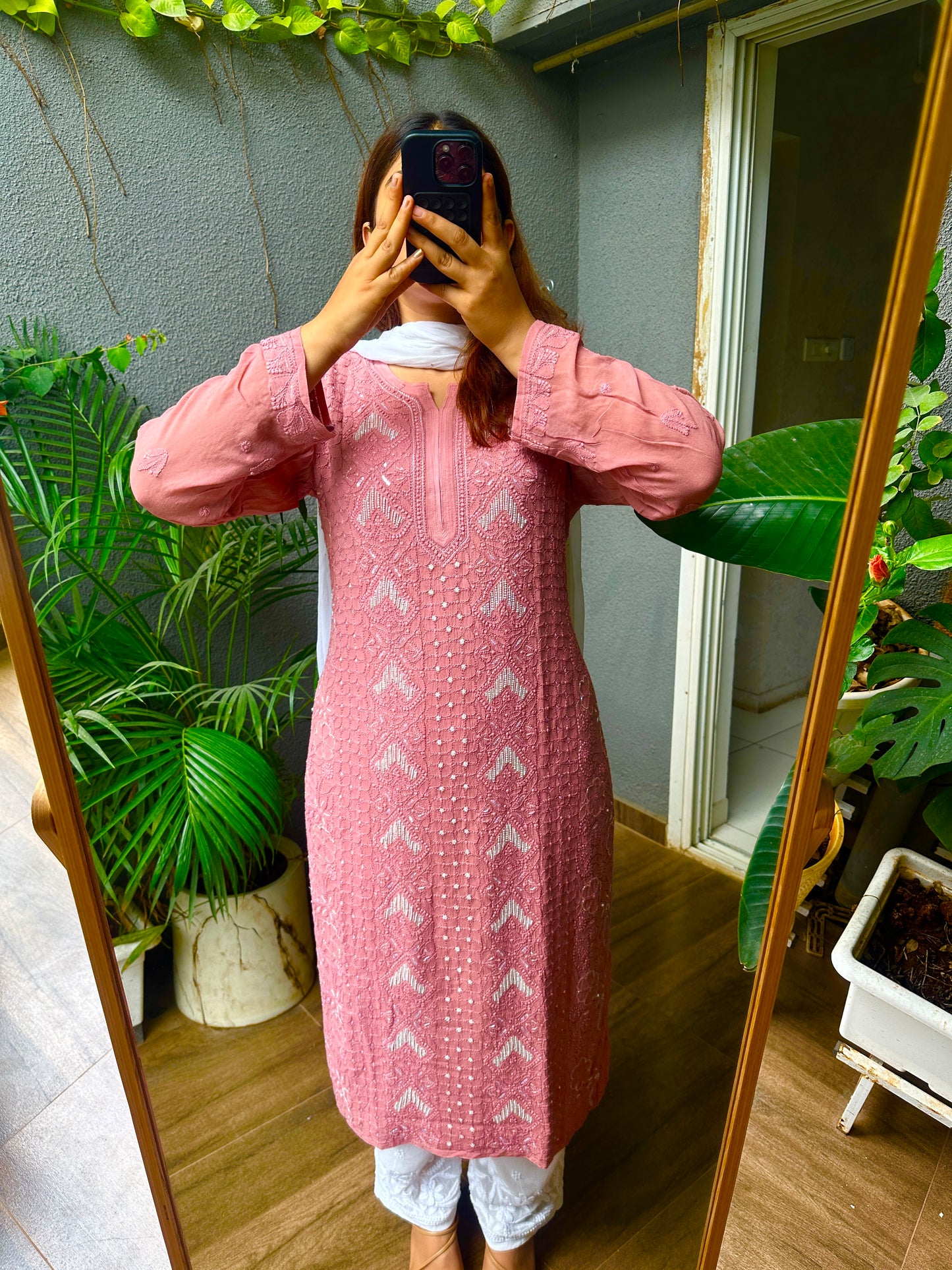 Viral Pearl & Cutdana Chikankari Kurti - Pinkish Brown