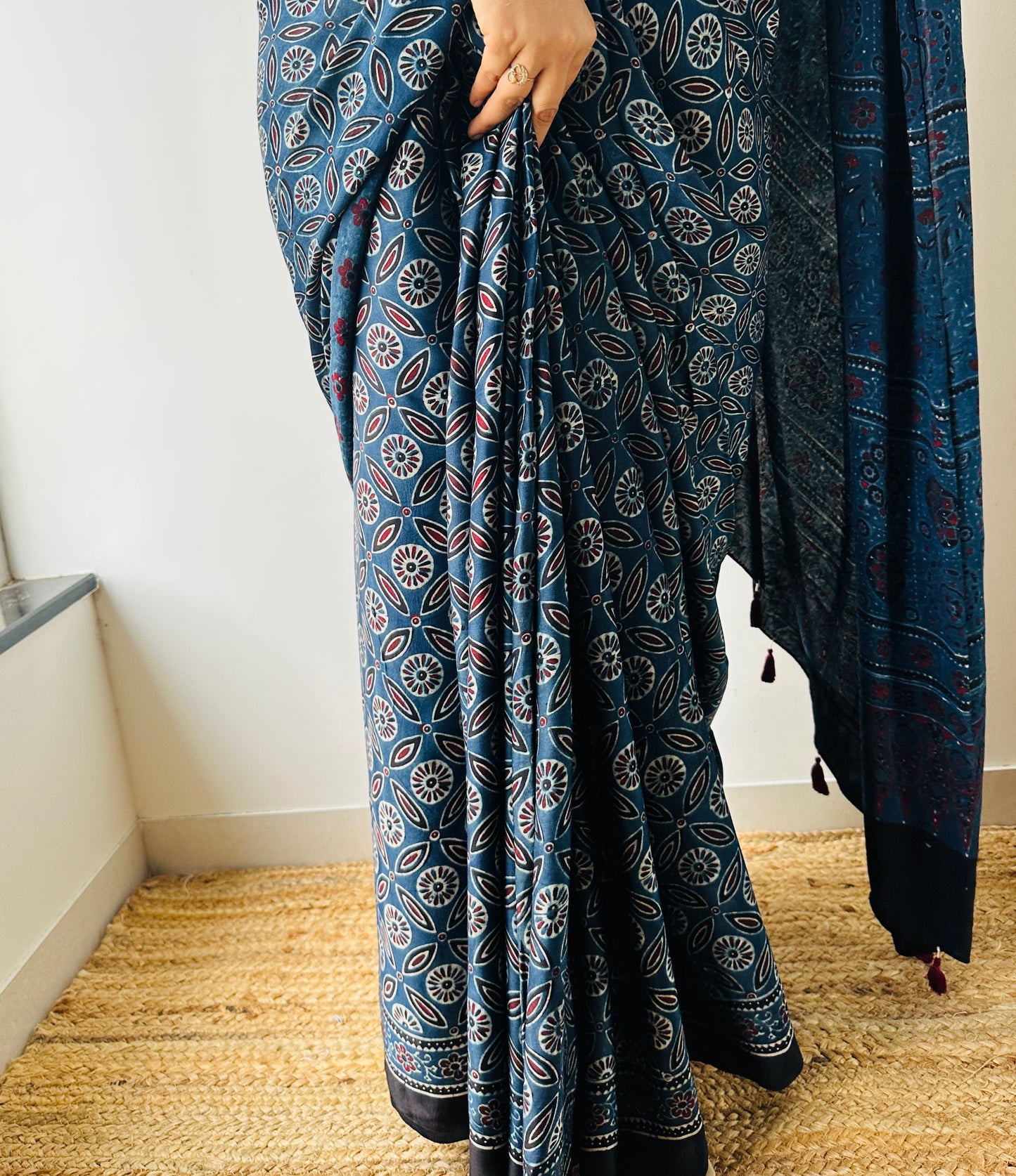 Hand Blocked Sustainable Ajrak Blue Saree with Tassels
