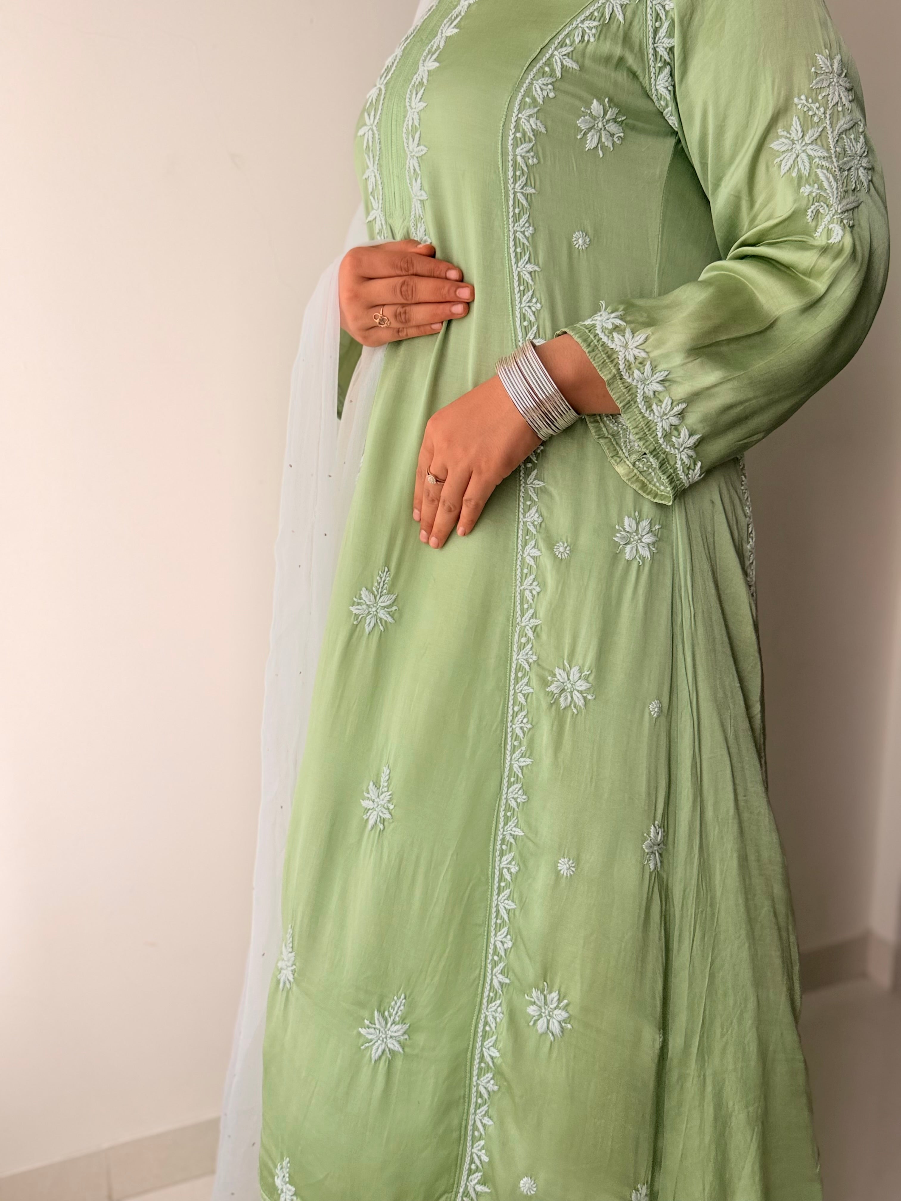 Handcrafted Chikankari Modal Silk A-line kurta