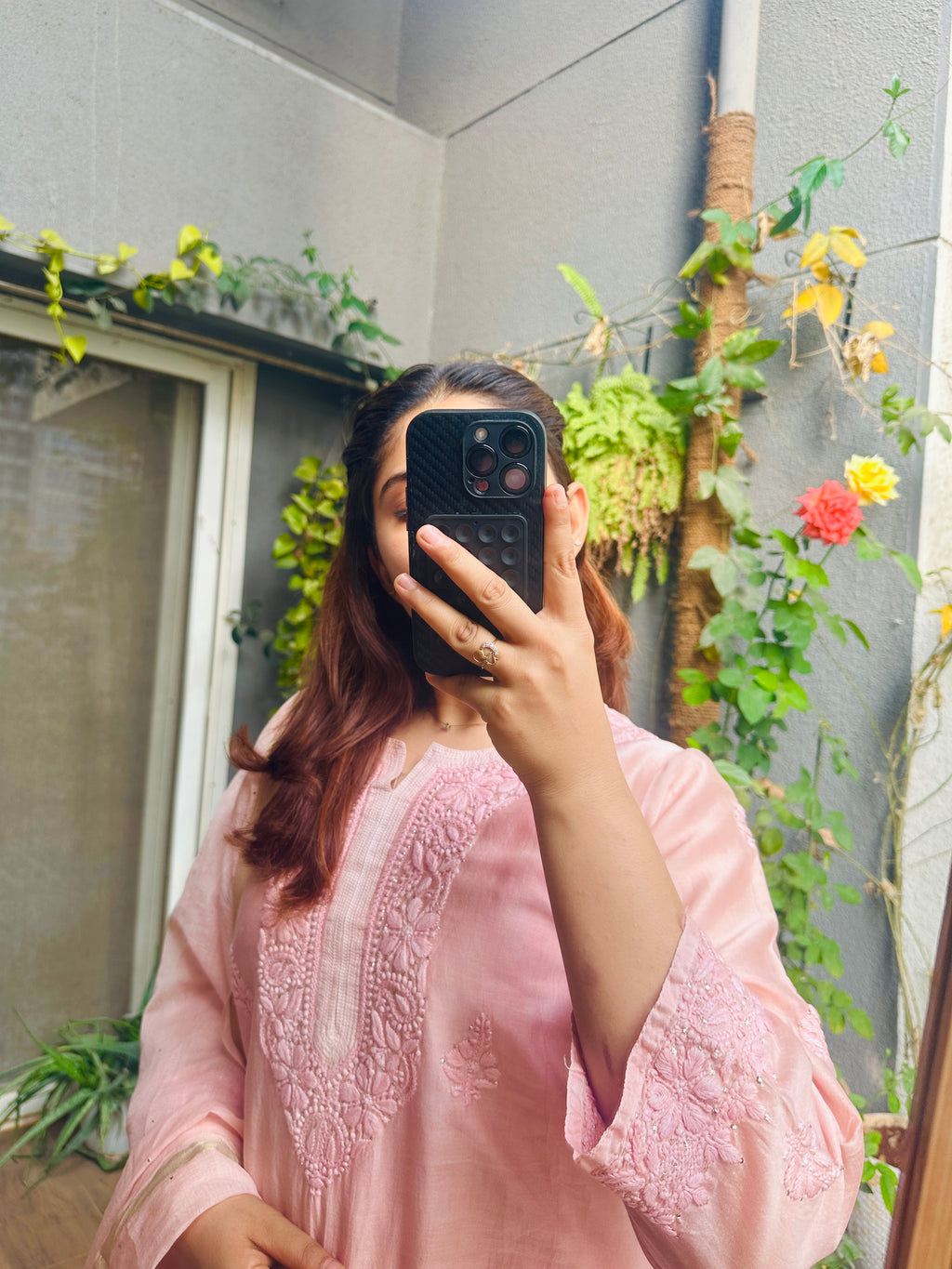 Salmon Pink Handcrafted Chikankari Chanderi Silk Suit Set