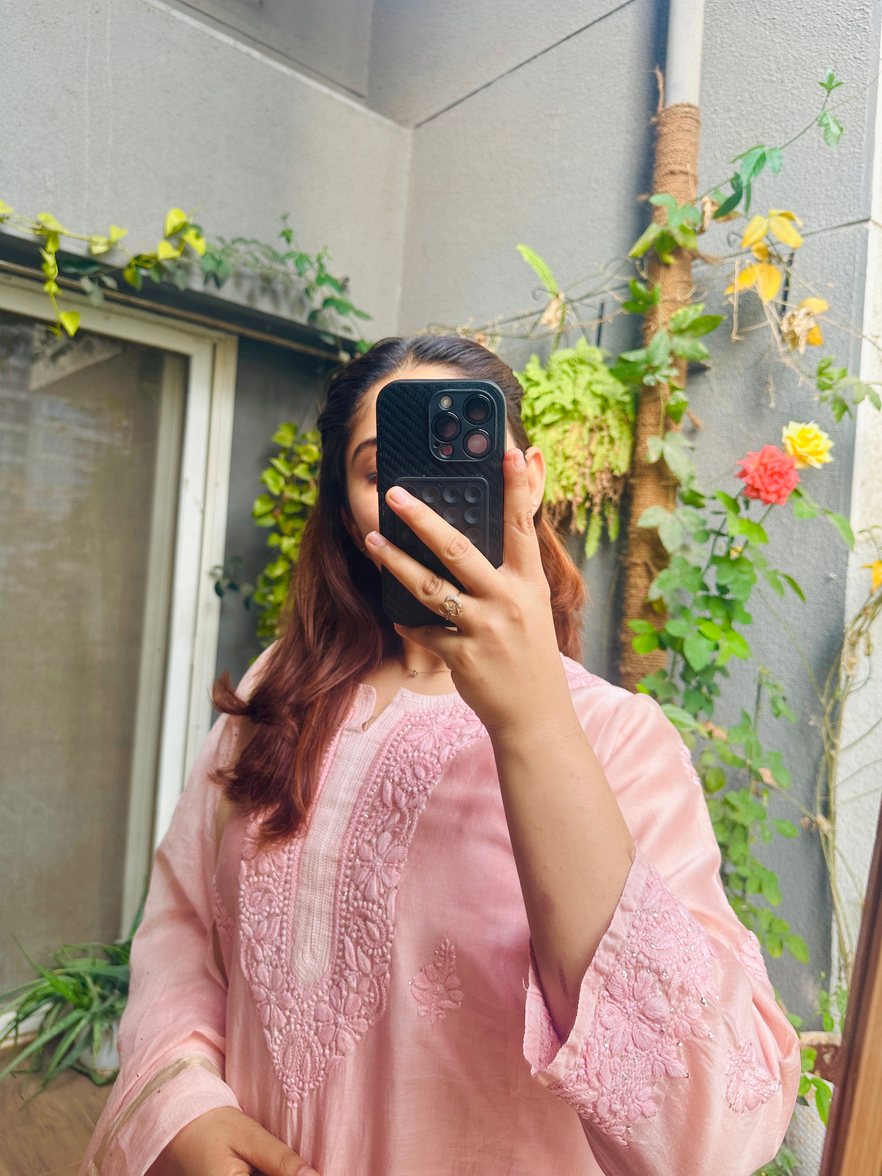 Salmon Pink Handcrafted Chikankari Chanderi Silk Suit Set