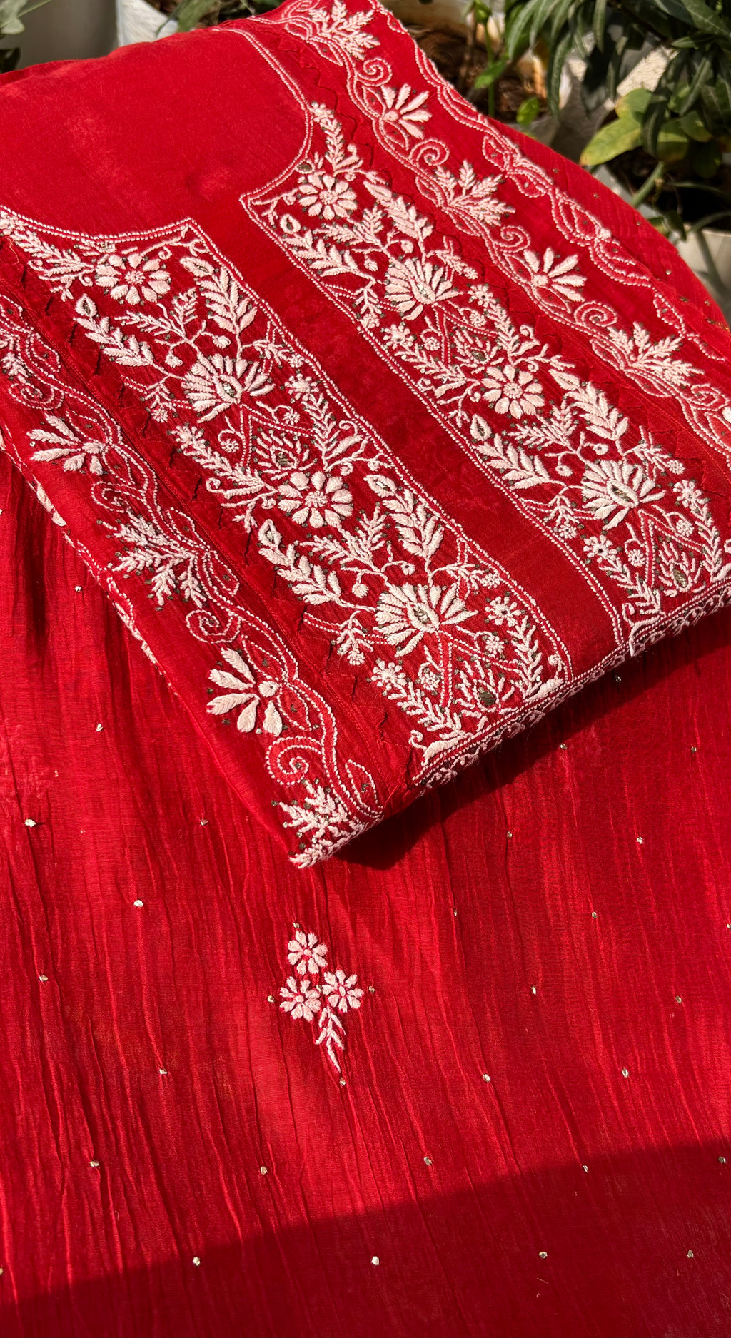 Red Premium Mul Chanderi Semi Stitched 3 piece suit set