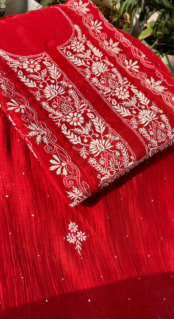Red Premium Mul Chanderi Semi Stitched 3 piece suit set