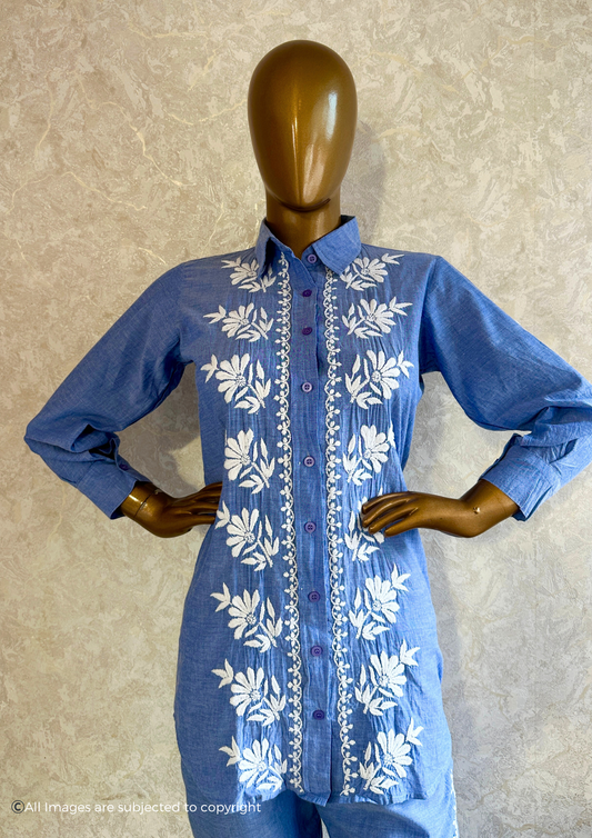 Handcrafted Chikankari Denim Cotton Co-ord set