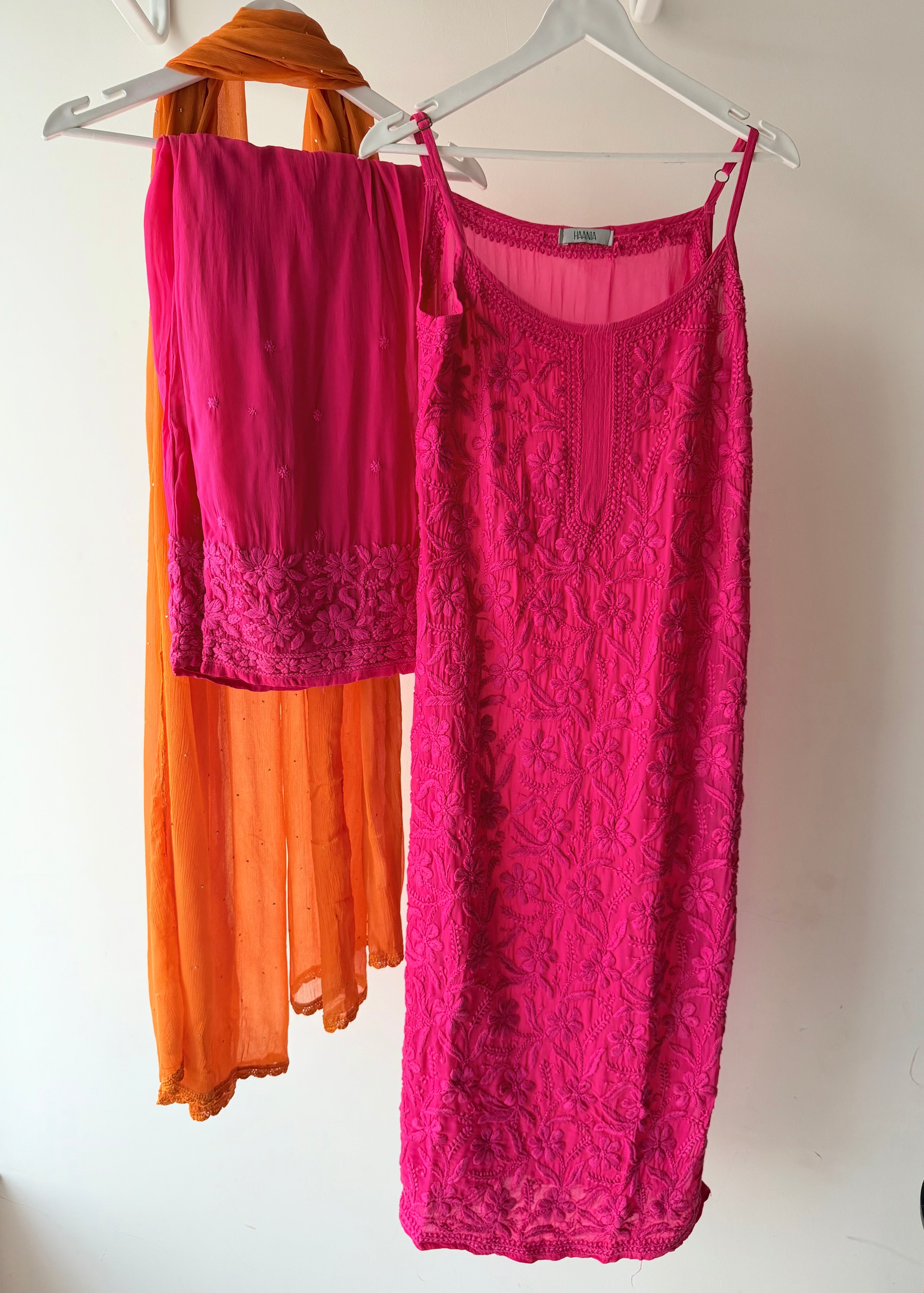 Berry punch handcrafted chikankari noodle strap suit set