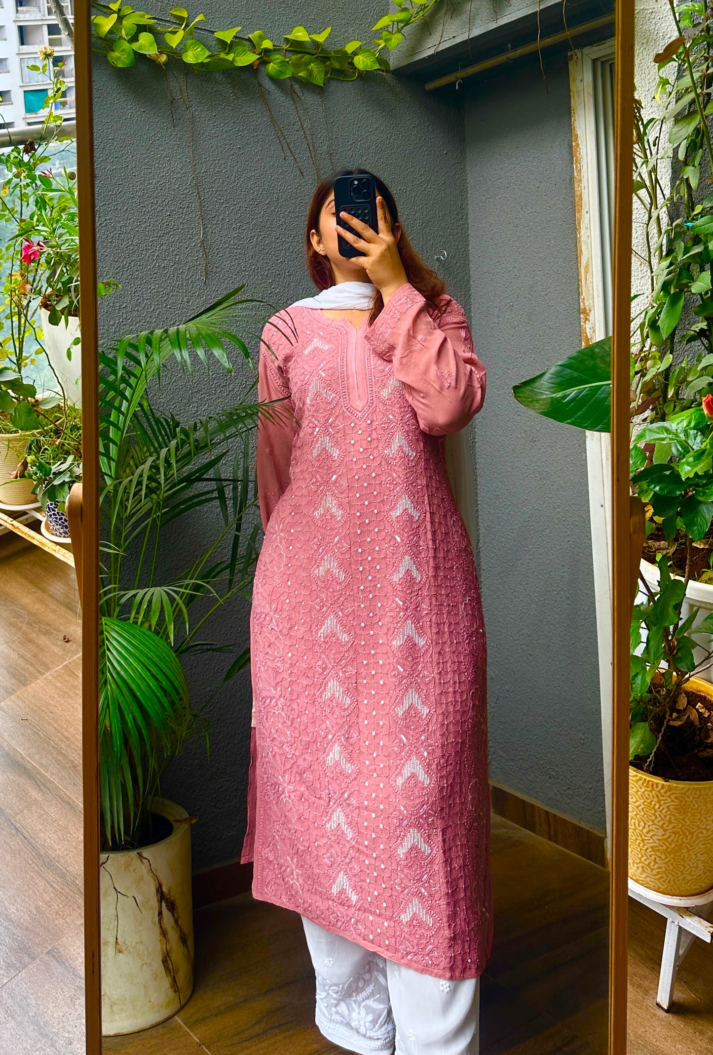 Viral Pearl & Cutdana Chikankari Kurti - Pinkish Brown