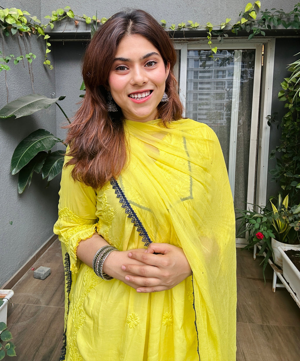 Lemon Zesty Handcrafted Chikankari Premium Muslin 3 Piece Suit Set