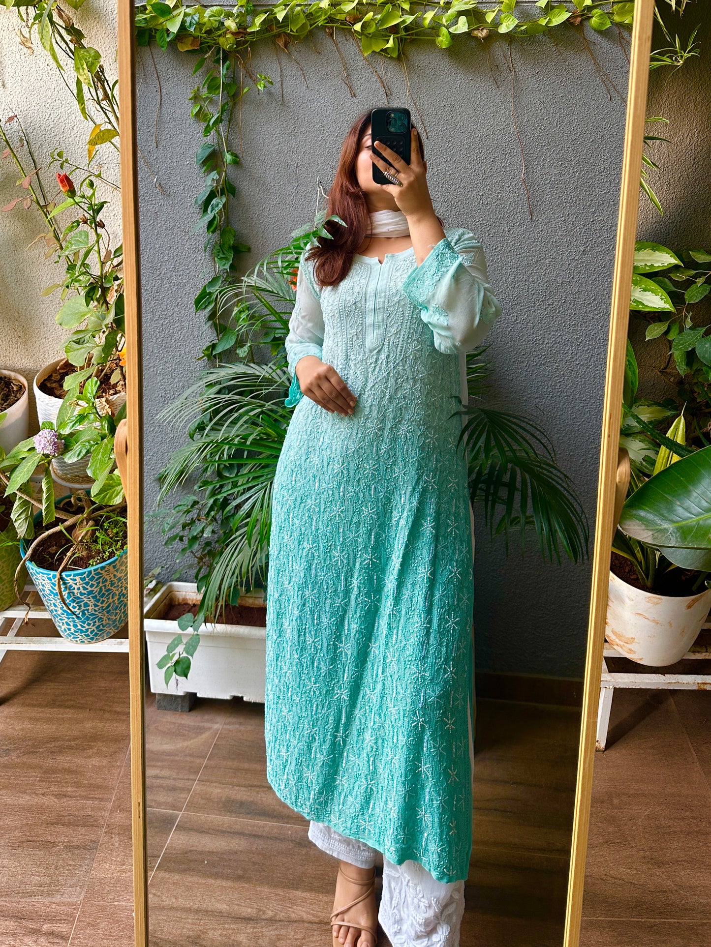 Viral Pearl & Cutdana Chikankari Kurti - Sea Green