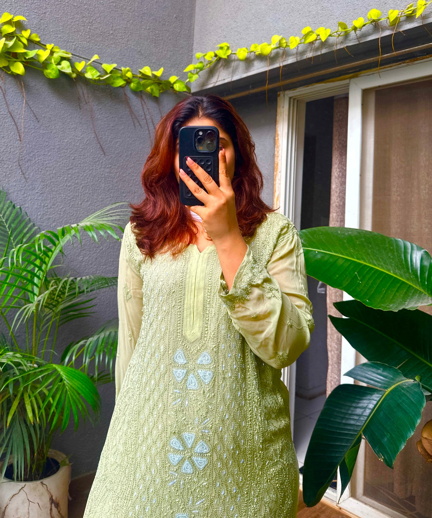 Viral Pearl & Cutdana Chikankari Kurti - Sage Green