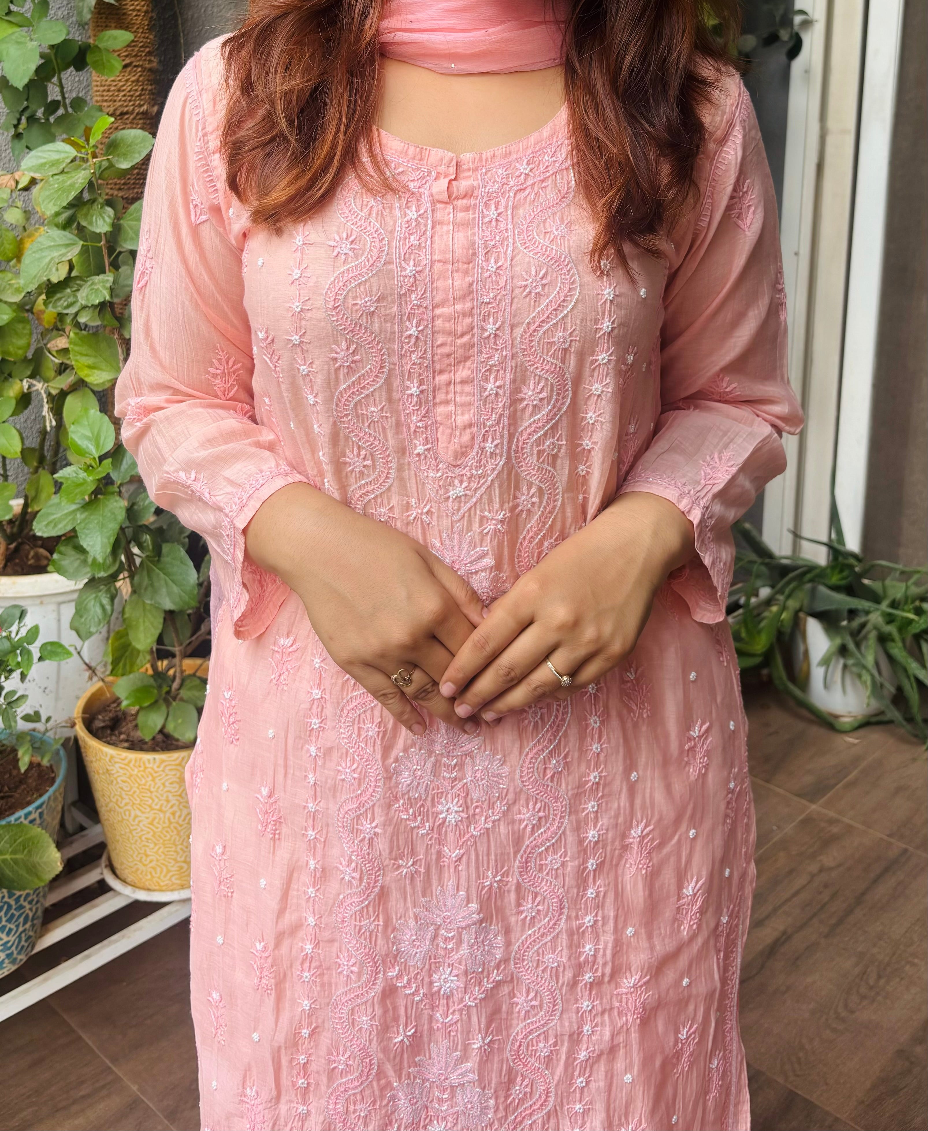 Mul Mul Chanderi Handcrafted Chikankari Pearl & Cutdana 3 piece suit set