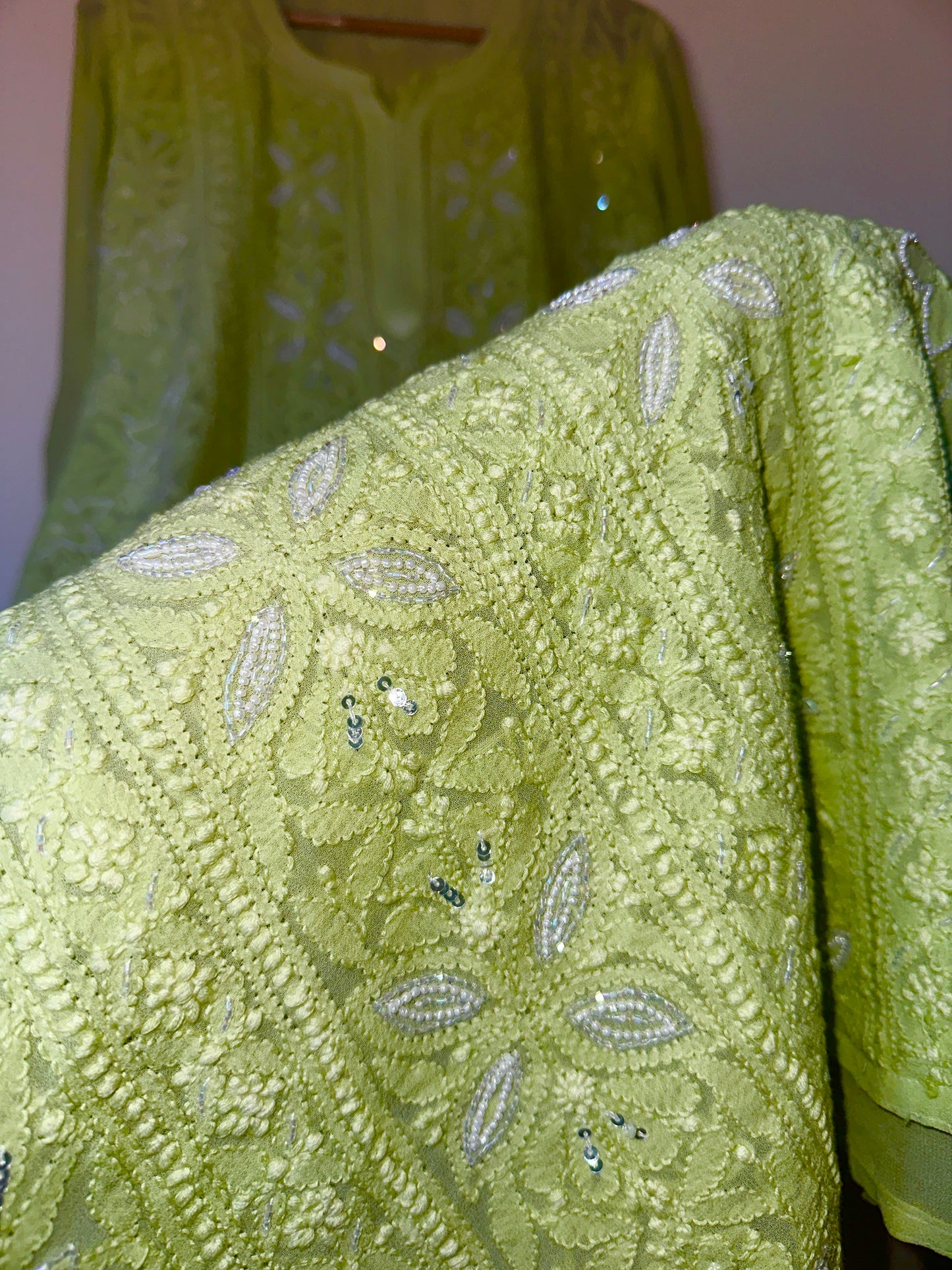 Viral Pearl & Cutdana Chikankari Suit Set - Light Green