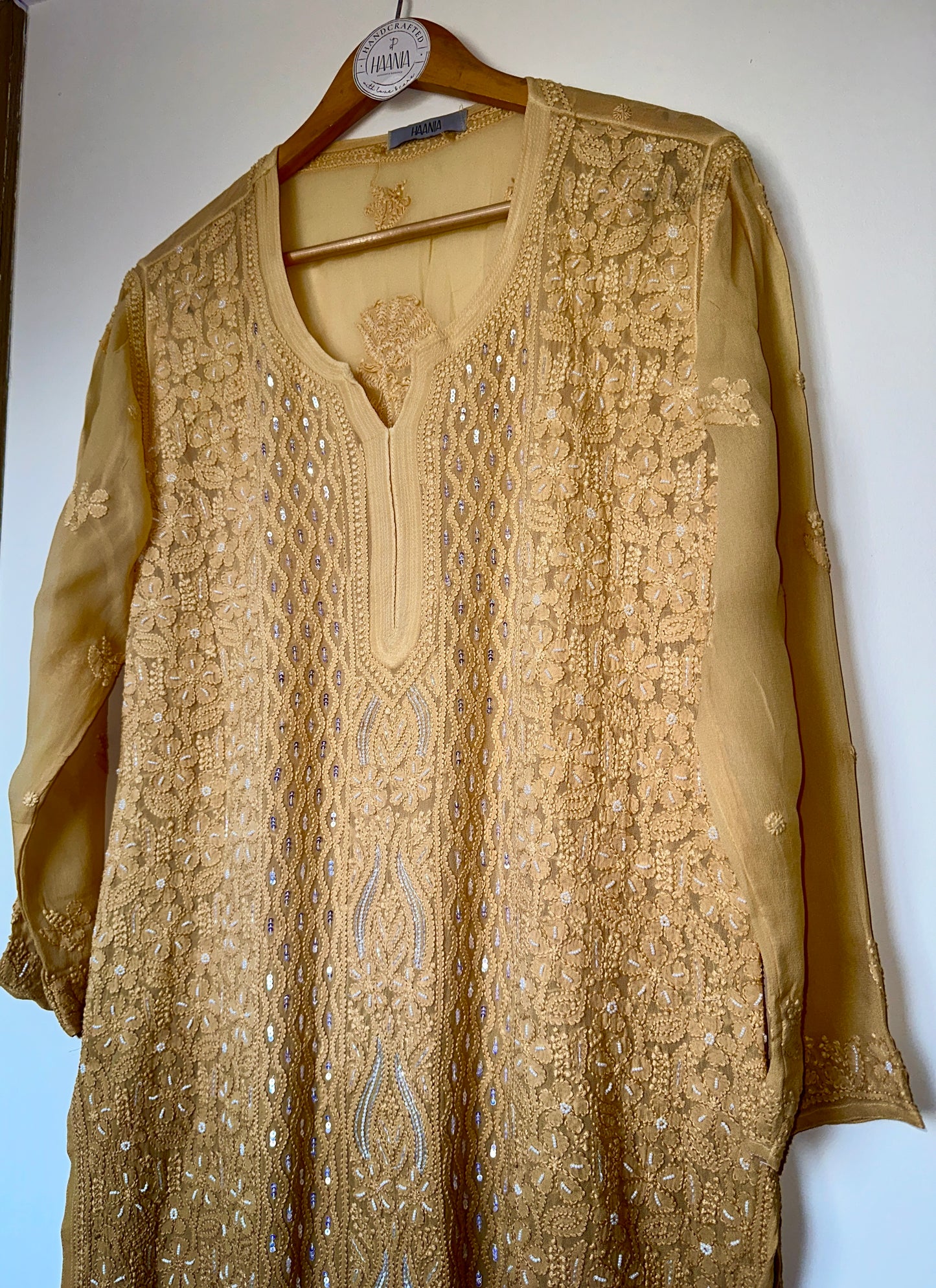 Viral Pearl & Cutdana Chikankari Kurti - ombré Yellowish Brown