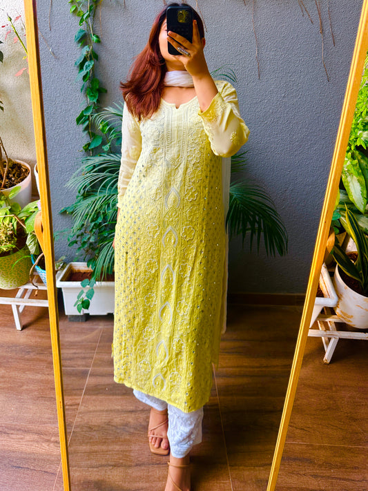 Viral Pearl & Cutdana Chikankari Kurti - Yellow