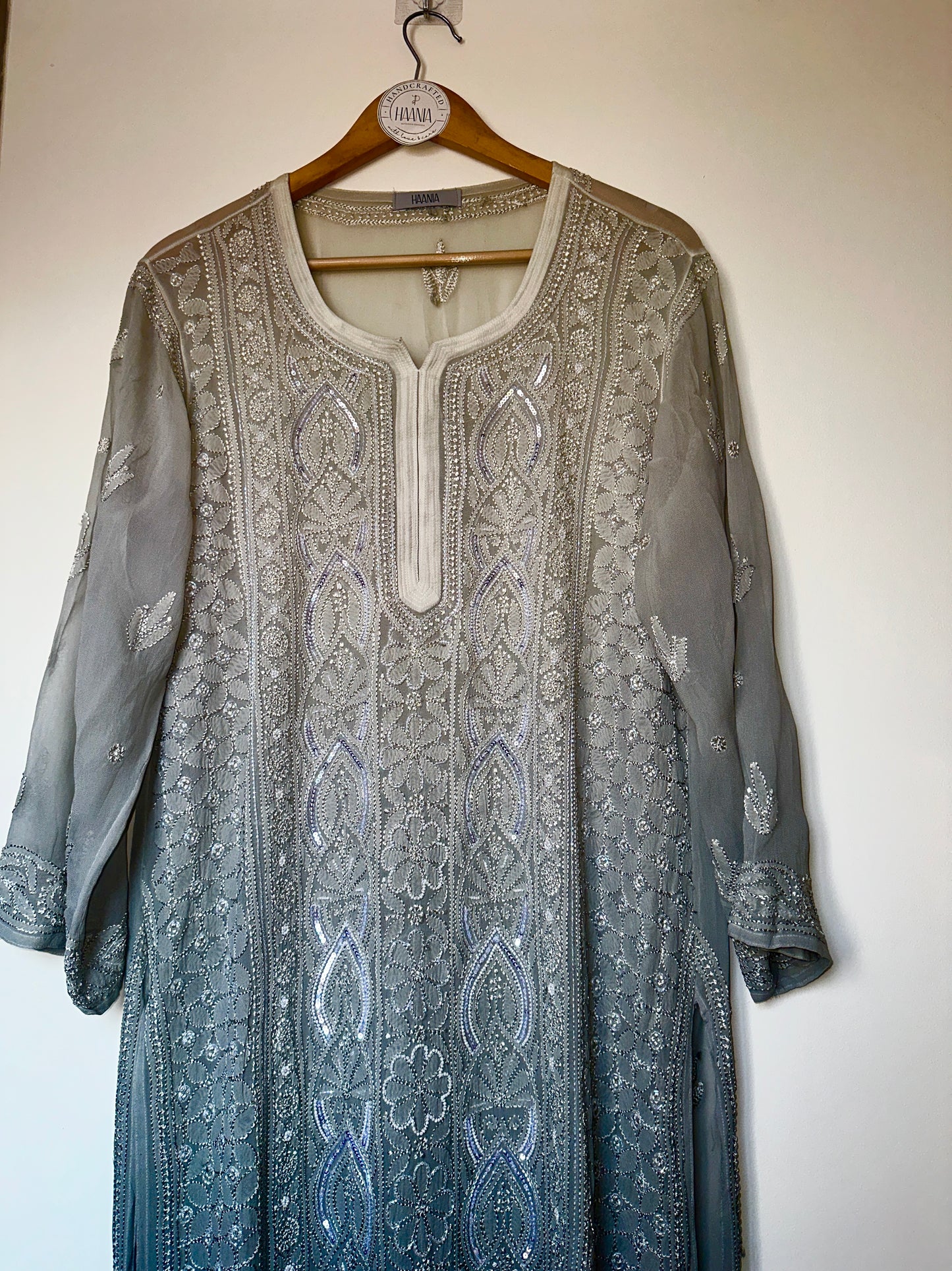 Viral Pearl Cutdana Chikankari Kurti - Ombré Grey