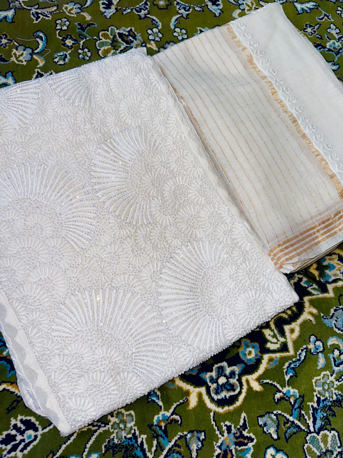 Seashell Mul Chanderi Chikankari Unstitched Suit Set