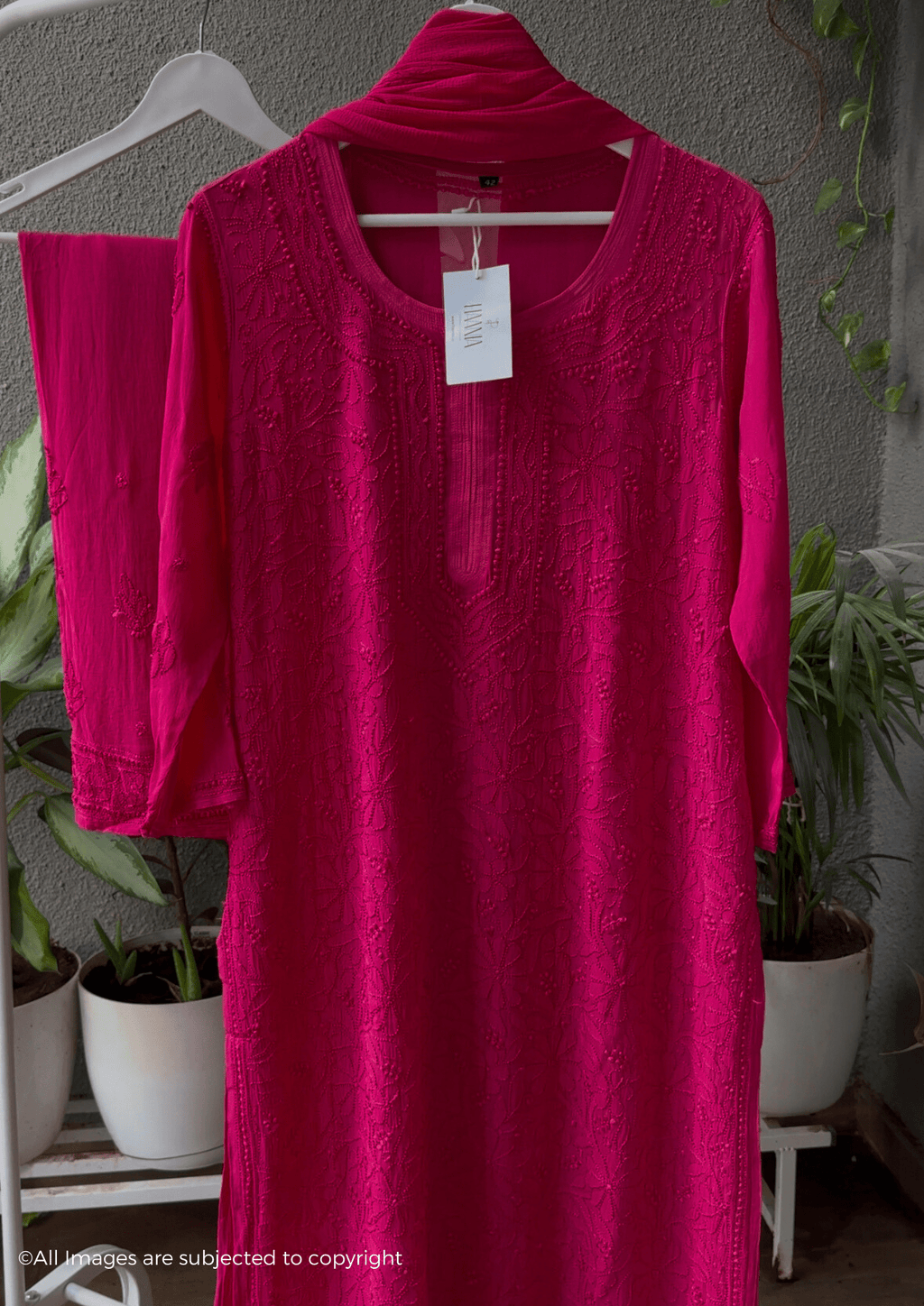 Urfi Inspired Hot Pink Chikankari 3 Piece Suit Set