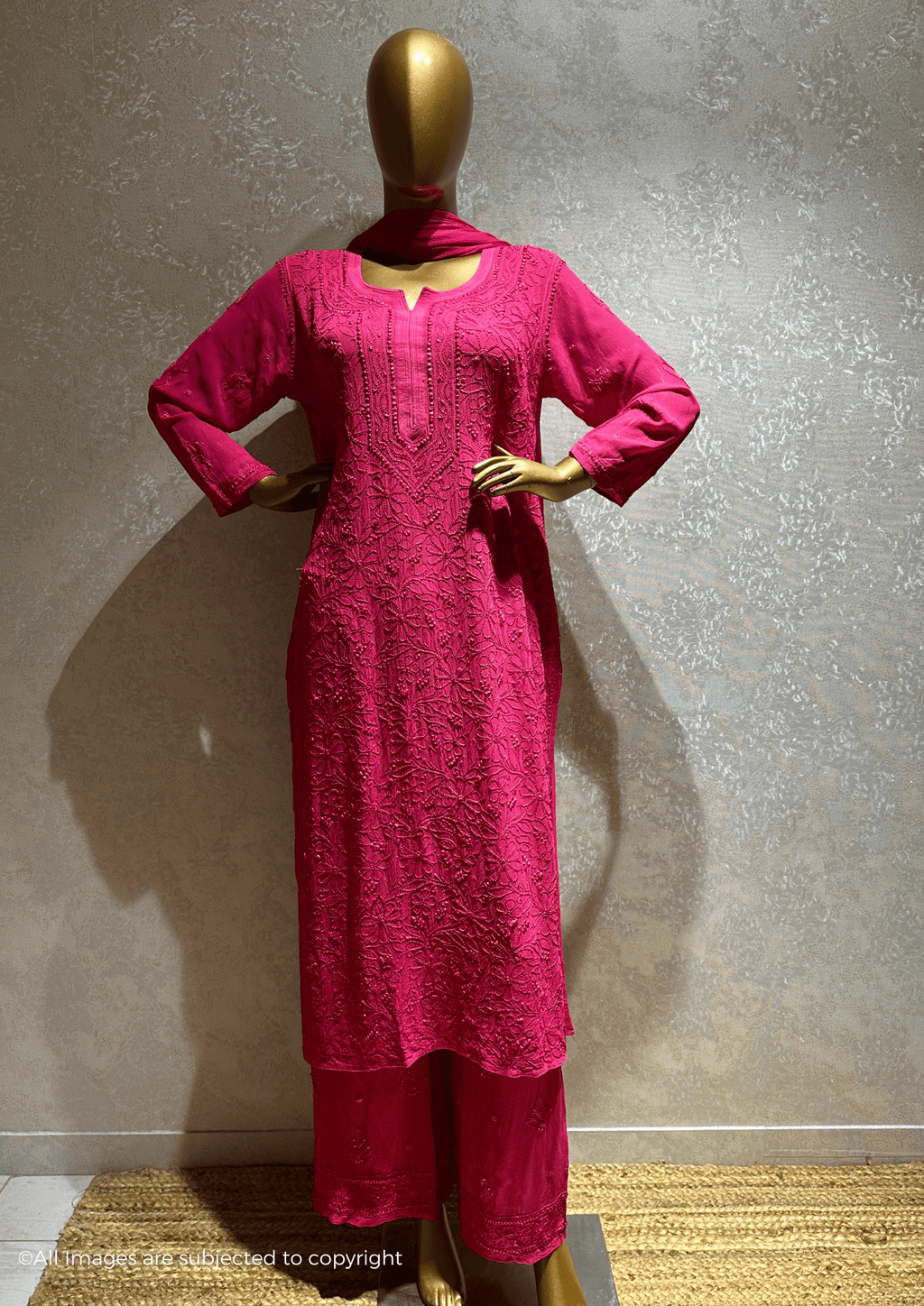 Urfi Inspired Hot Pink Chikankari 3 Piece Suit Set