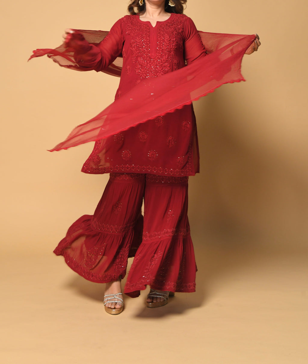 Raina Red Hancrafted Chikankari Double Layer Garara Set