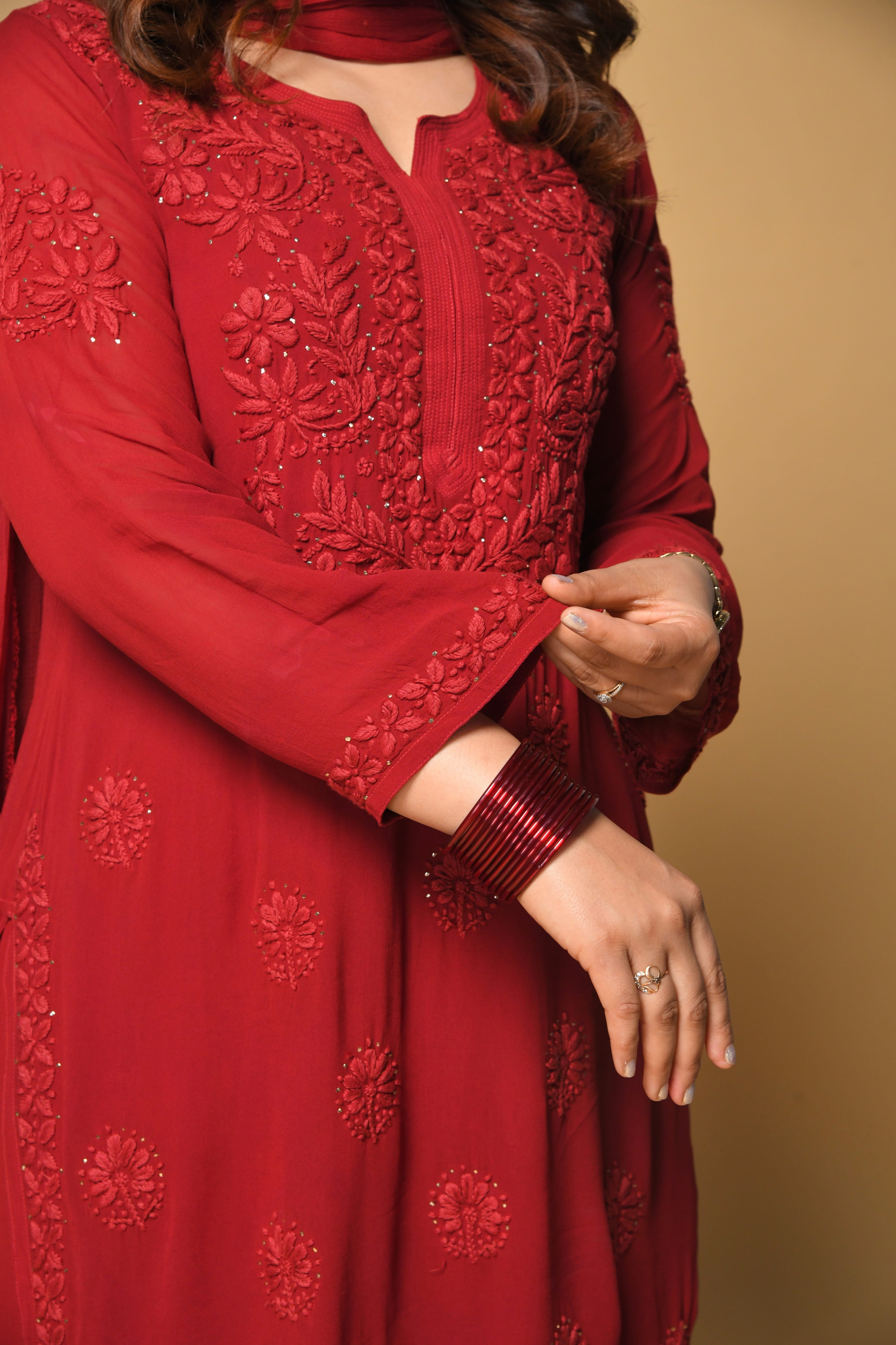 Raina Red Hancrafted Chikankari Double Layer Garara Set