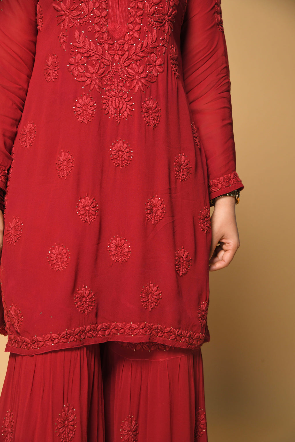 Raina Red Hancrafted Chikankari Double Layer Garara Set