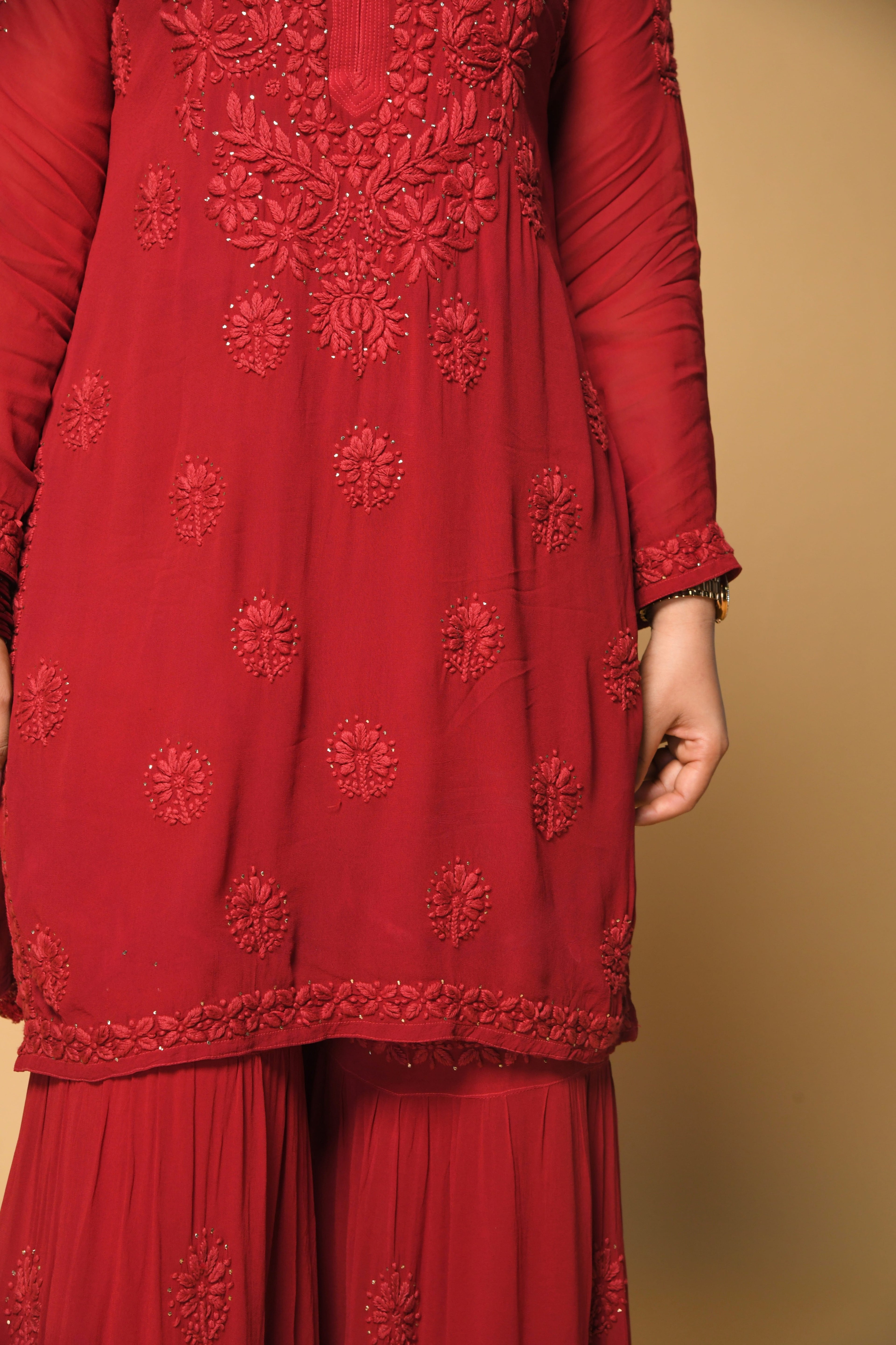 Raina Red Hancrafted Chikankari Double Layer Garara Set