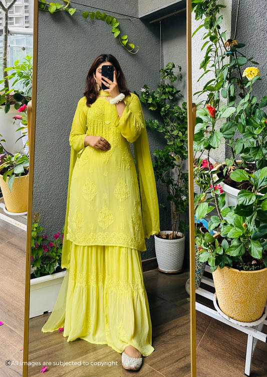 Raina Handcrafted Chikankari Viscose Double Layer Garara Set