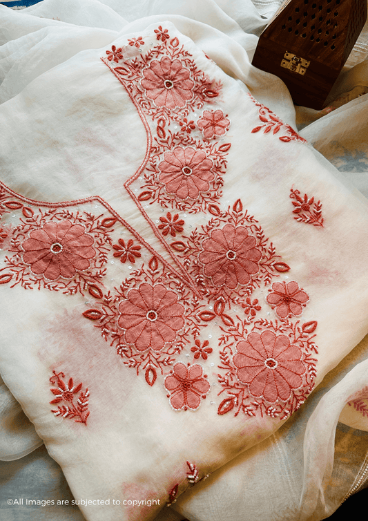 Handcrafted Chikankari Organza Silk Pearl & Cutdana Suit Set