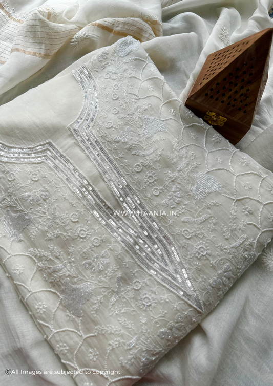 Handcrafted Chikankari Mul Chanderi Unstitched Suit Set With Pearl & Cutdana Embellishments