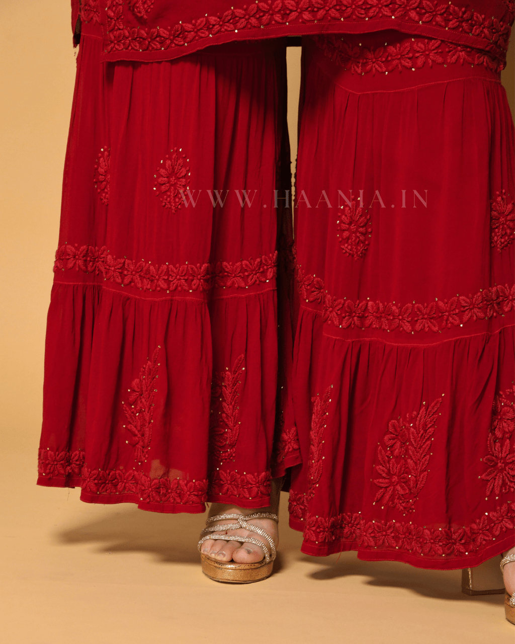 Raina Red Hancrafted Chikankari Double Layer Garara Set