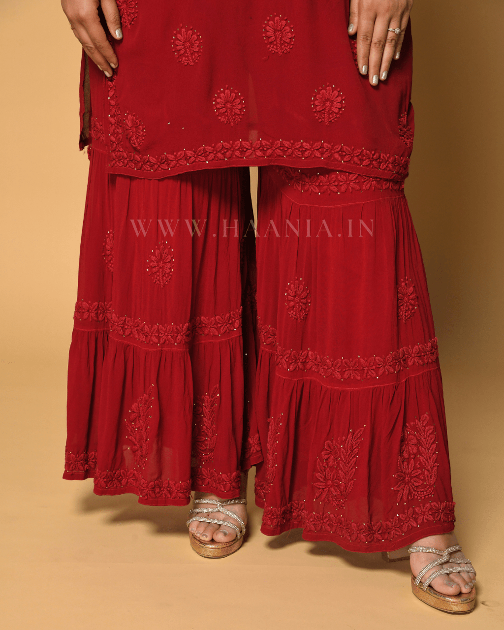Raina Red Hancrafted Chikankari Double Layer Garara Set