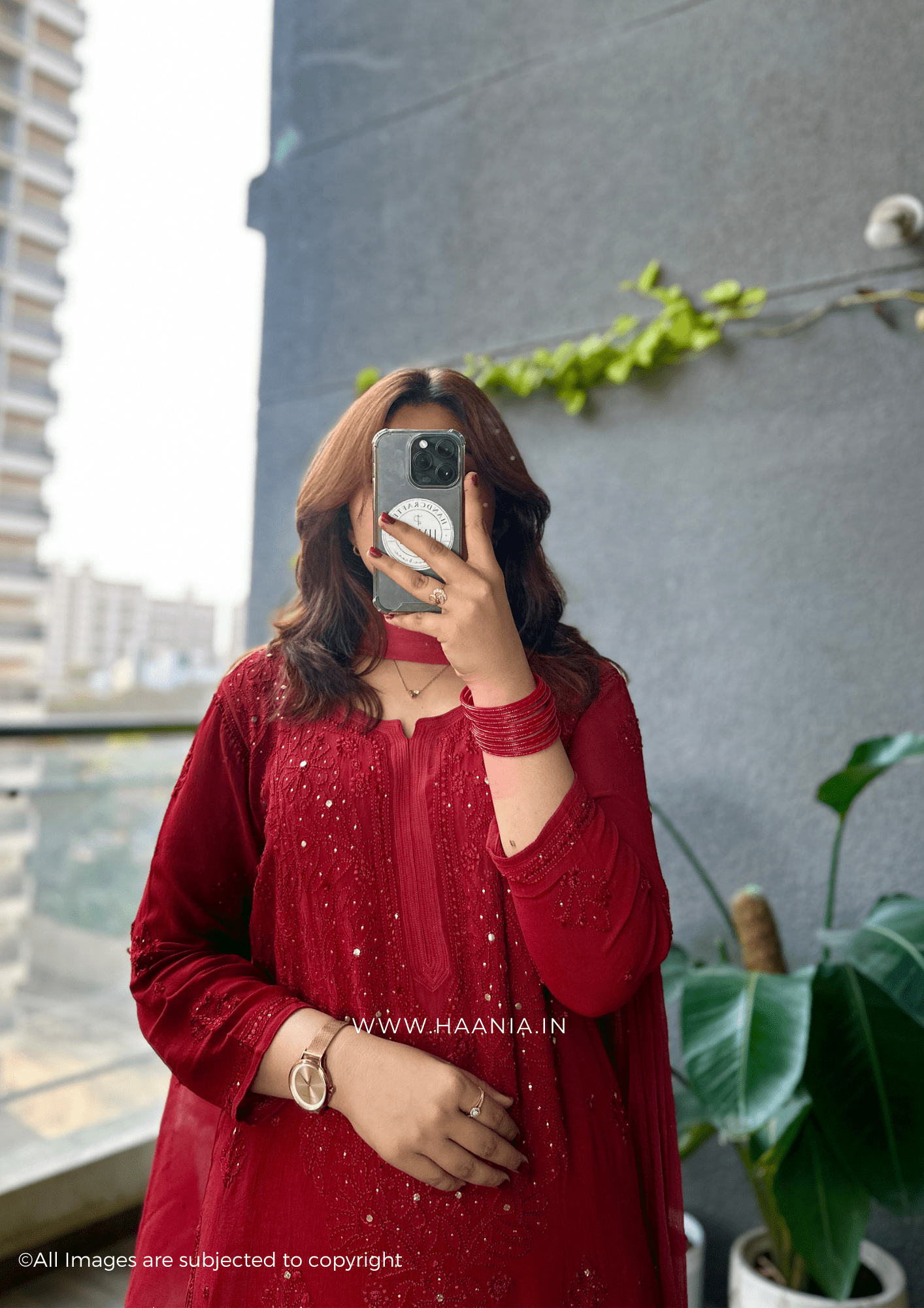 Red Handcrafted Chikankari Premium Viscose Suit Set