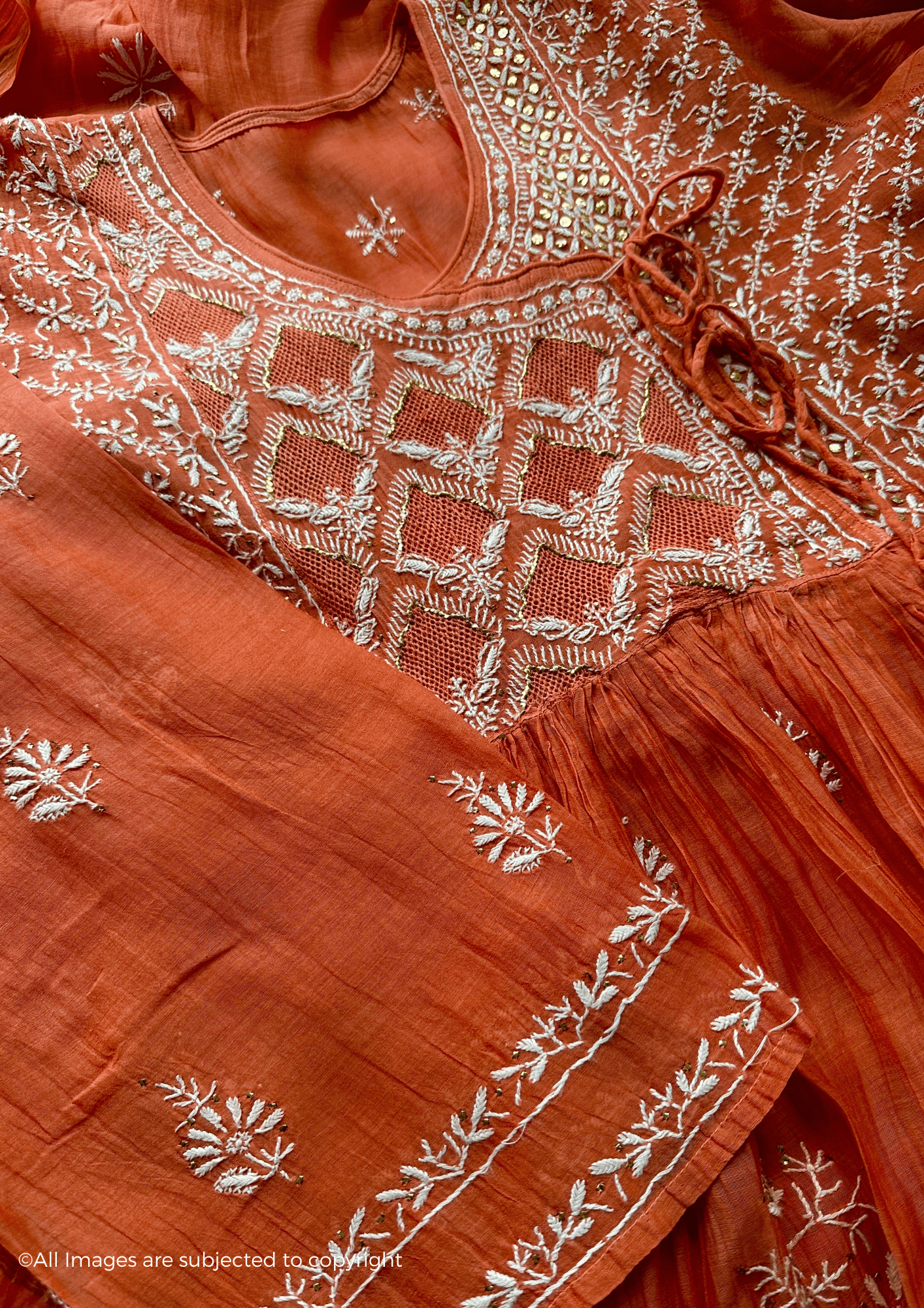 Handcrafted Chikankari Mul Chanderi Angrakha with Kasab Jaal & Kamdani Embellishments