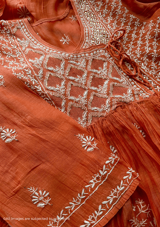 Handcrafted Chikankari Mul Chanderi Angrakha with Kasab Jaal & Kamdani Embellishments