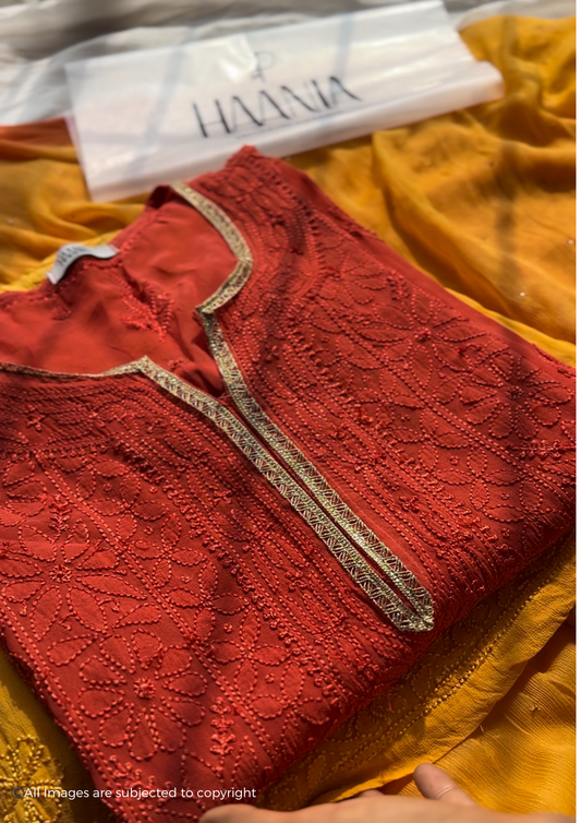 Hues of Sunset Handcrafted Chikankari Viscose 3 piece suit set