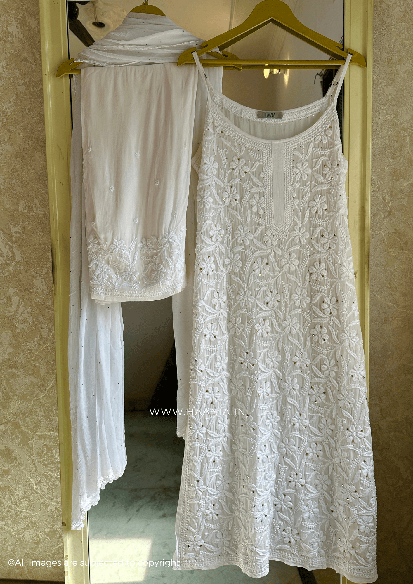 Diva Handcrafted Chikankari Noodle Strap Suit Set With Mukaish Embellishments