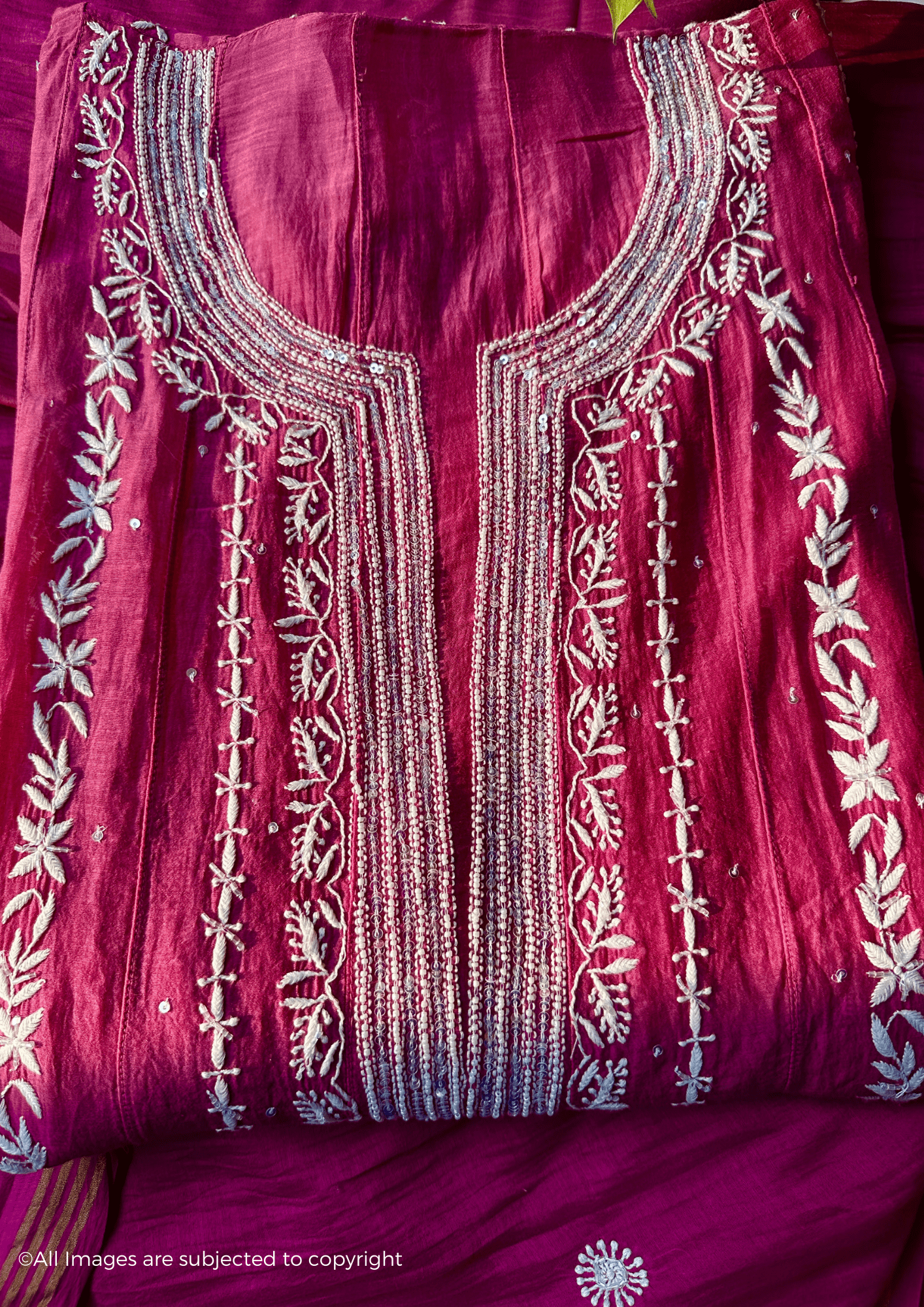 Mul Chanderi Handcrafted Chikankari Anarkali with pearl & Cutdana Embellishments
