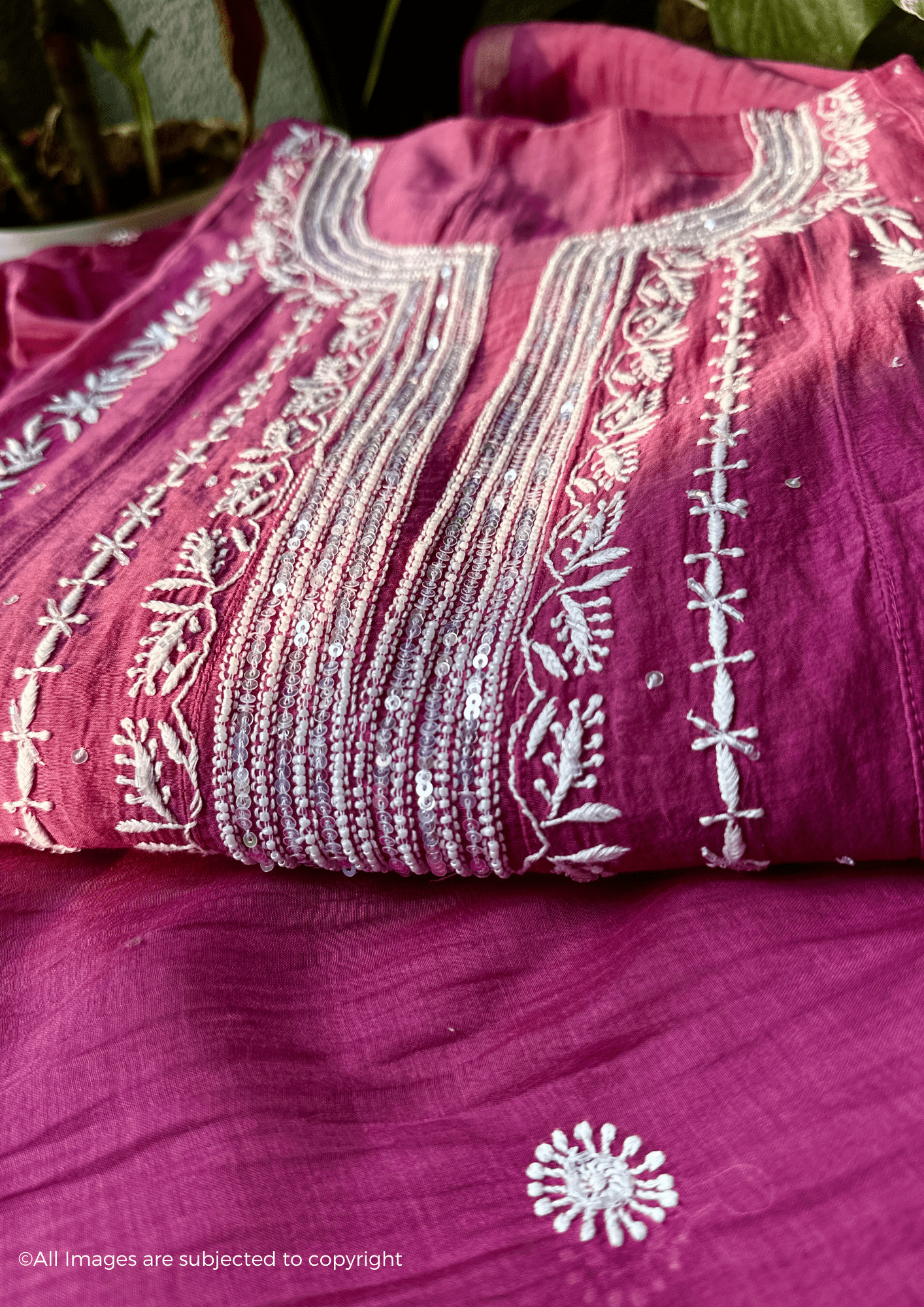 Mul Chanderi Handcrafted Chikankari Anarkali with pearl & Cutdana Embellishments